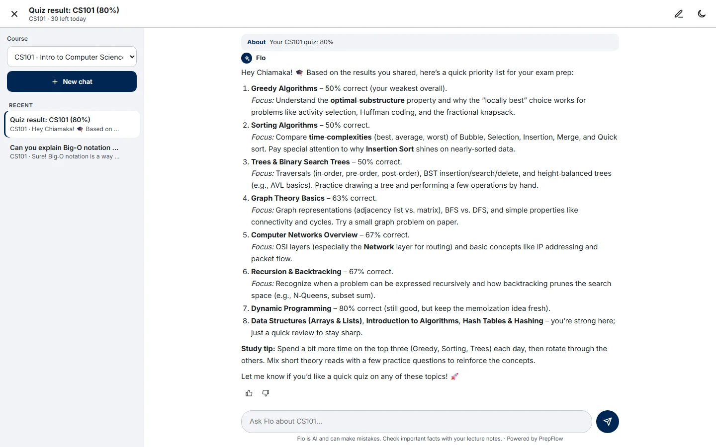 Flo, the PrepFlow AI study coach, answering a question about the student's quiz result (desktop)