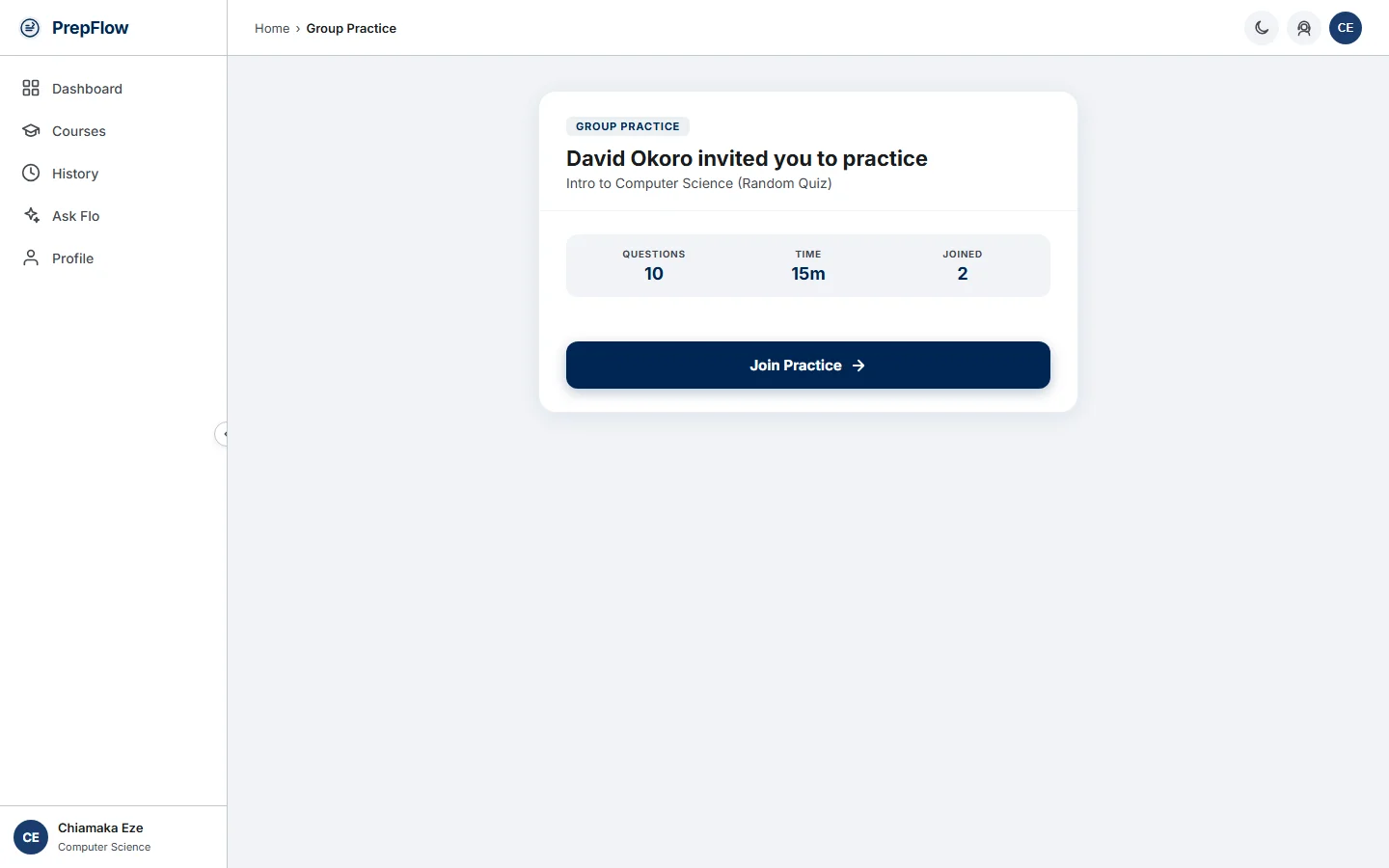 Group practice invite page showing the host, the quiz details and a Join Practice button (desktop)