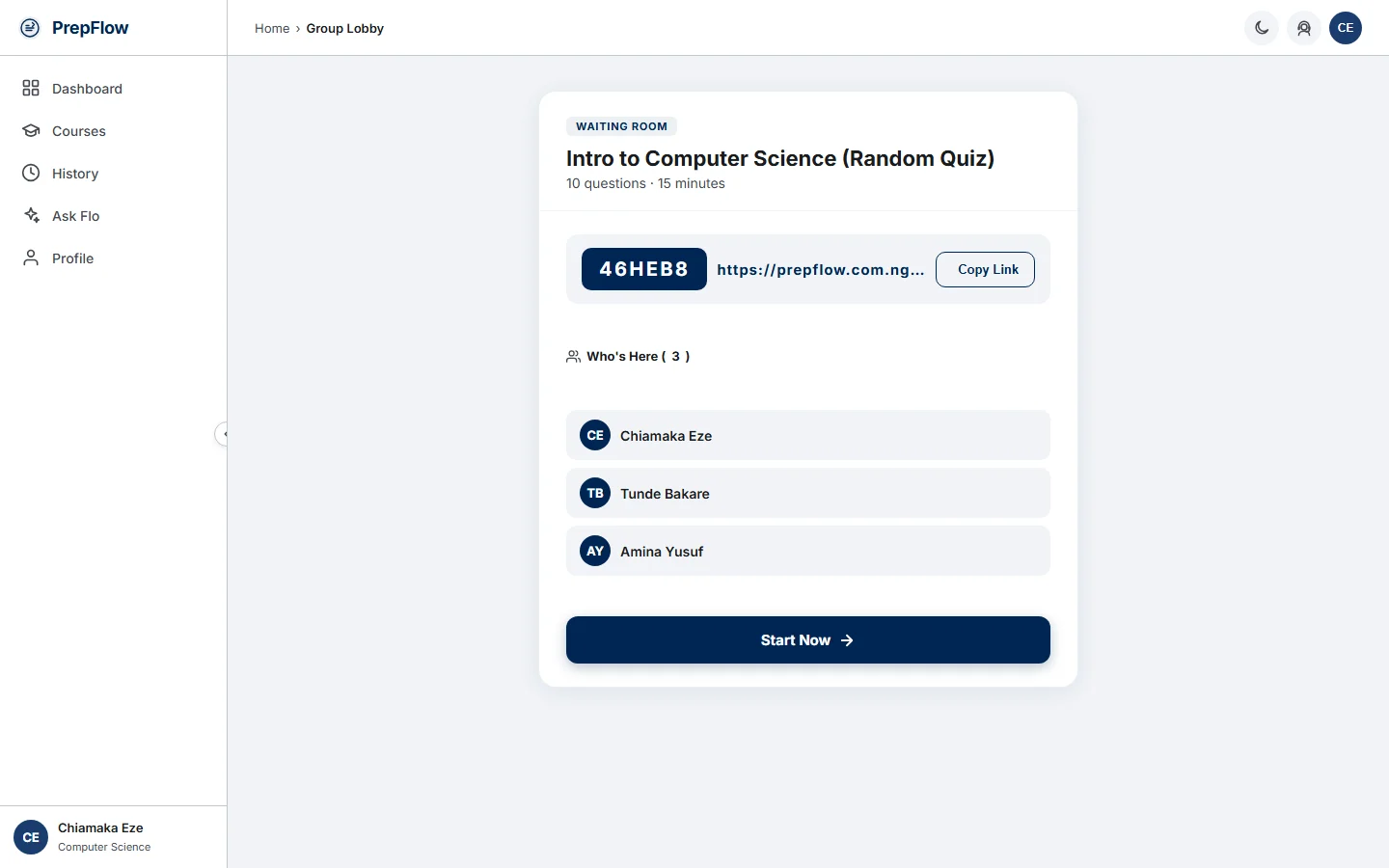 Group practice waiting room showing the join code, the invite link and the students who have joined (desktop)