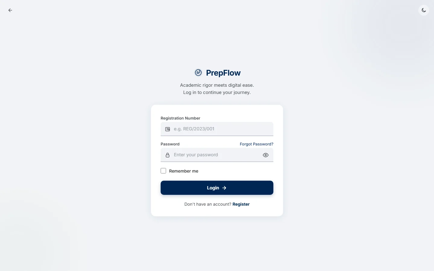 PrepFlow login form asking for registration number and password (desktop)