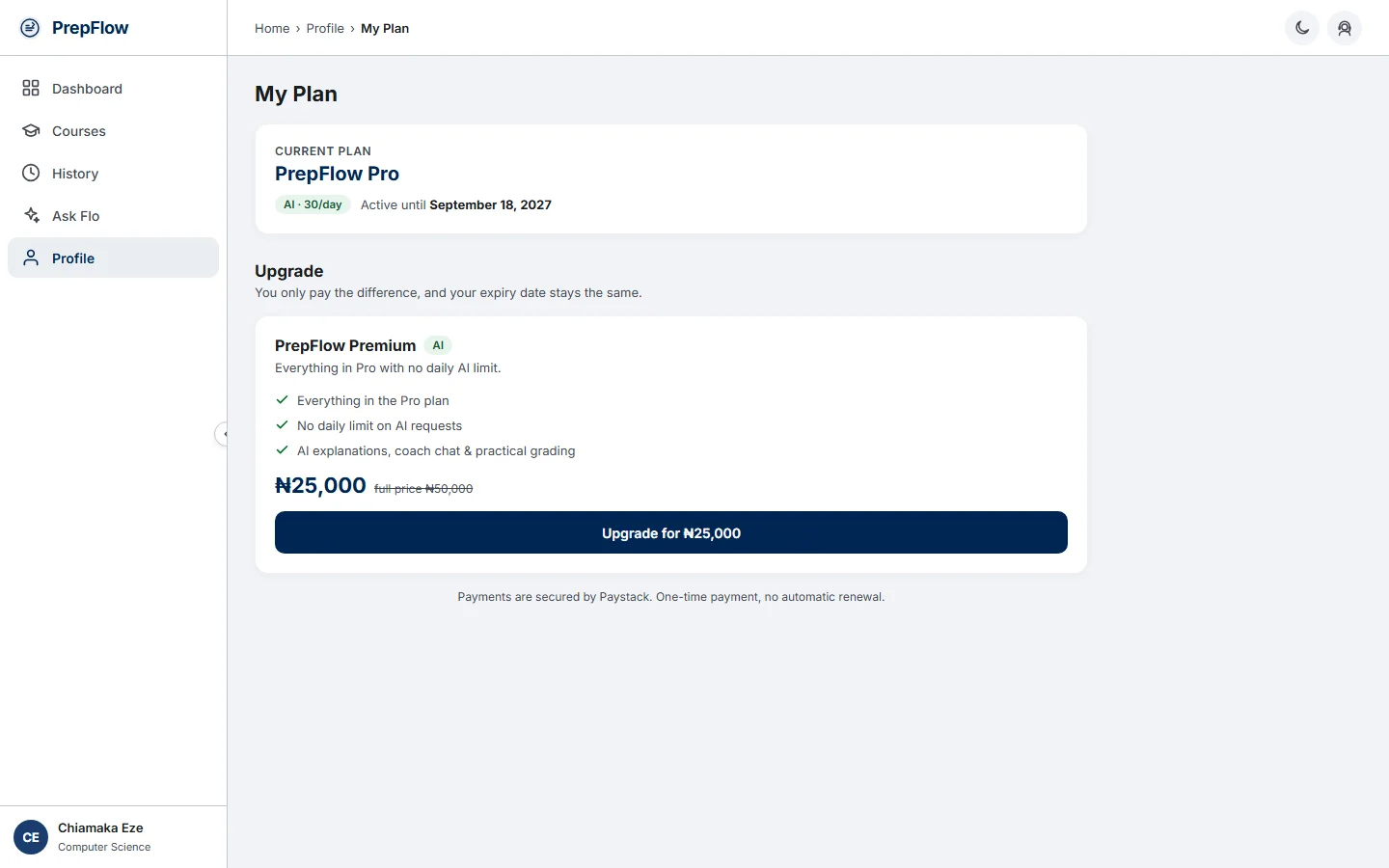 PrepFlow My Plan page showing the current Pro plan and an option to upgrade to Premium for the difference (desktop)