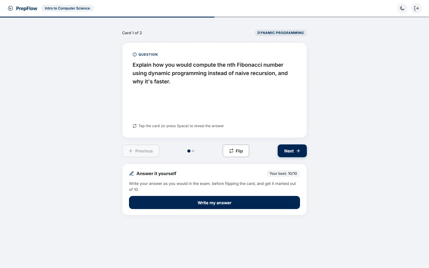PrepFlow practical question flip card with an Answer it yourself panel showing a best score of 10 out of 10 (desktop)
