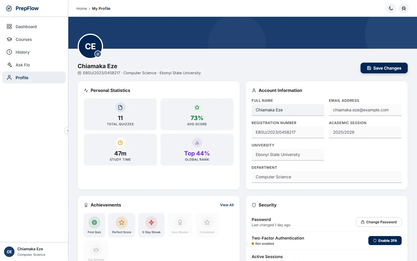 PrepFlow profile page with personal statistics, account information including university and department, achievements and security settings (desktop)