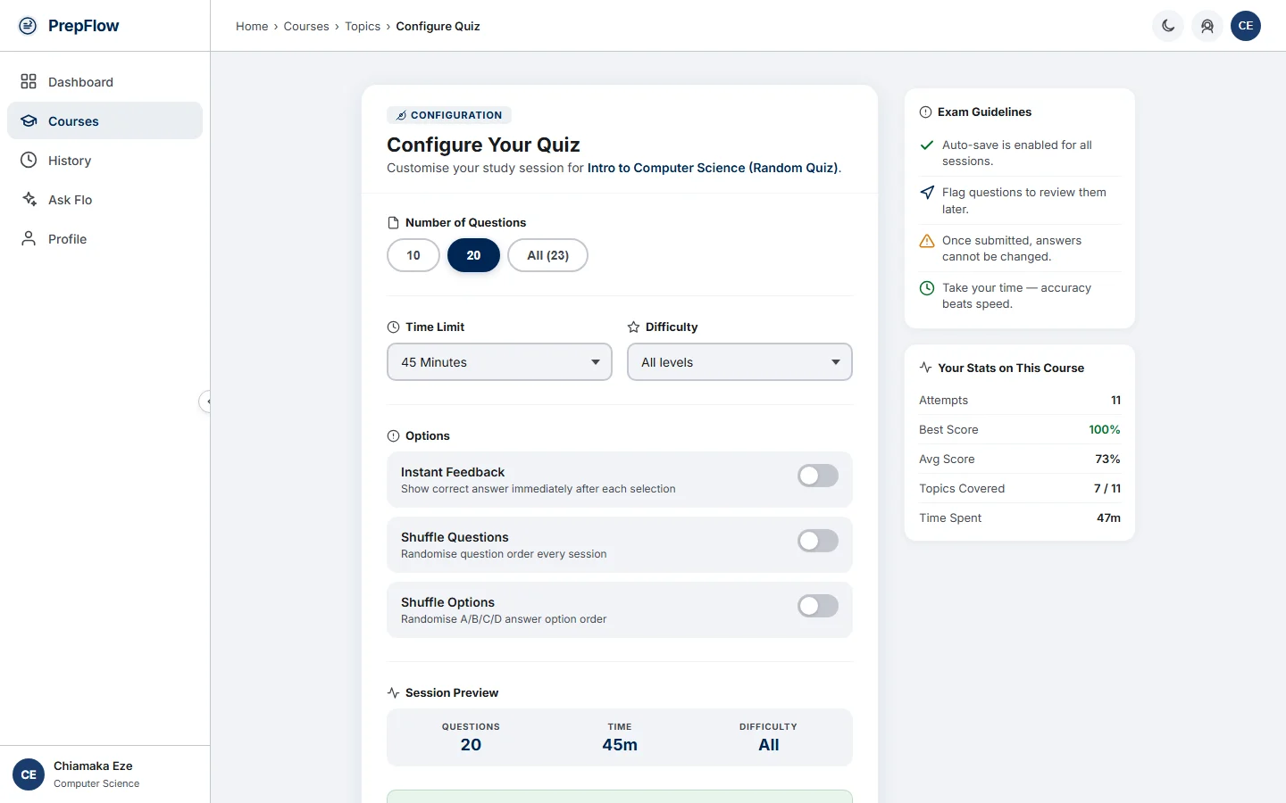 PrepFlow quiz setup screen with options for question count, time limit, difficulty, instant feedback and shuffling (desktop)