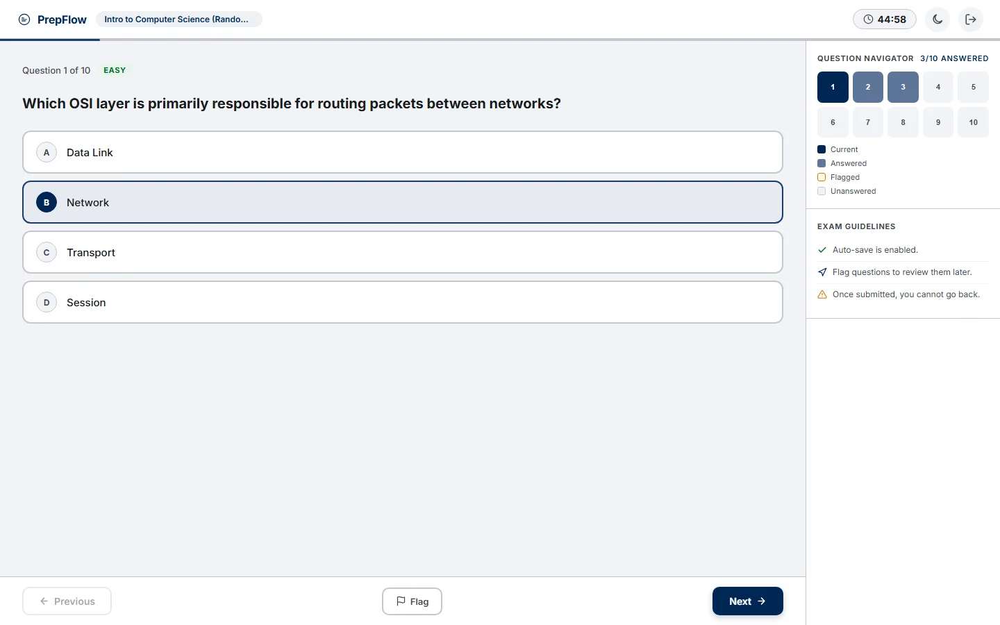 PrepFlow quiz screen showing a multiple-choice question, the timer and question navigation (desktop)