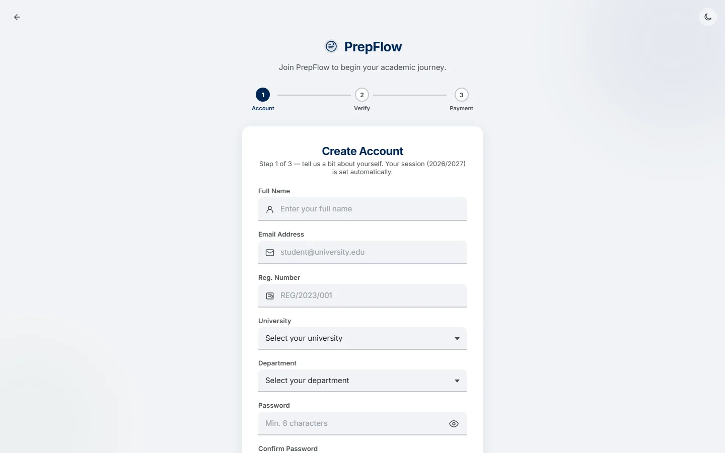 PrepFlow registration form with fields for full name, email, registration number, university, department and password (desktop)