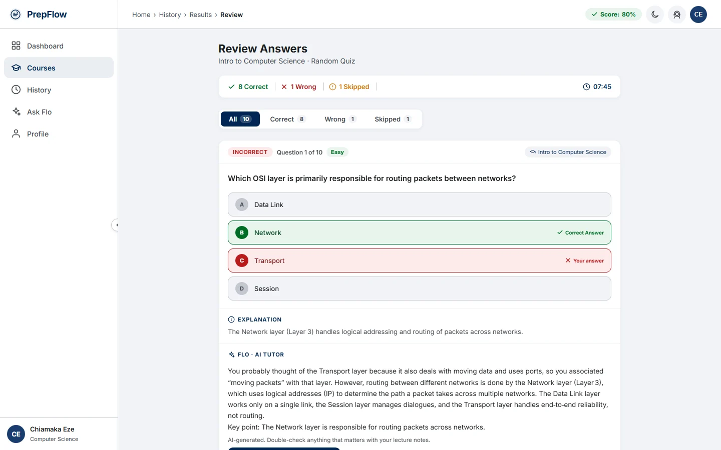 PrepFlow answer review showing a wrong answer, the correct answer, the written explanation and Flo's AI explanation (desktop)