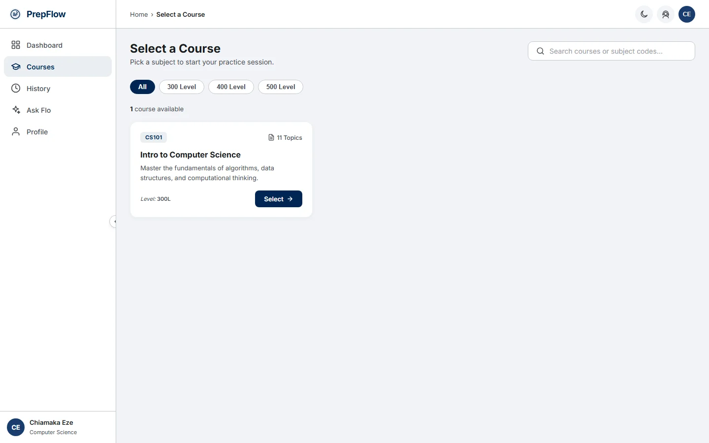 PrepFlow course selection page listing the courses available to the student (desktop)