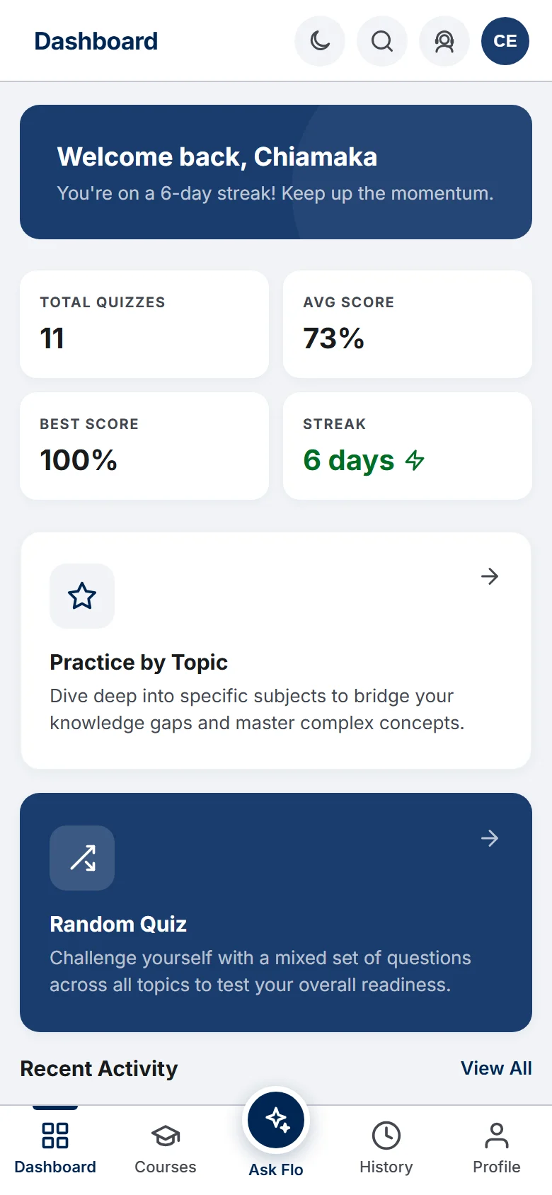 PrepFlow student dashboard showing quiz stats, streak, shortcuts and recent activity (mobile)