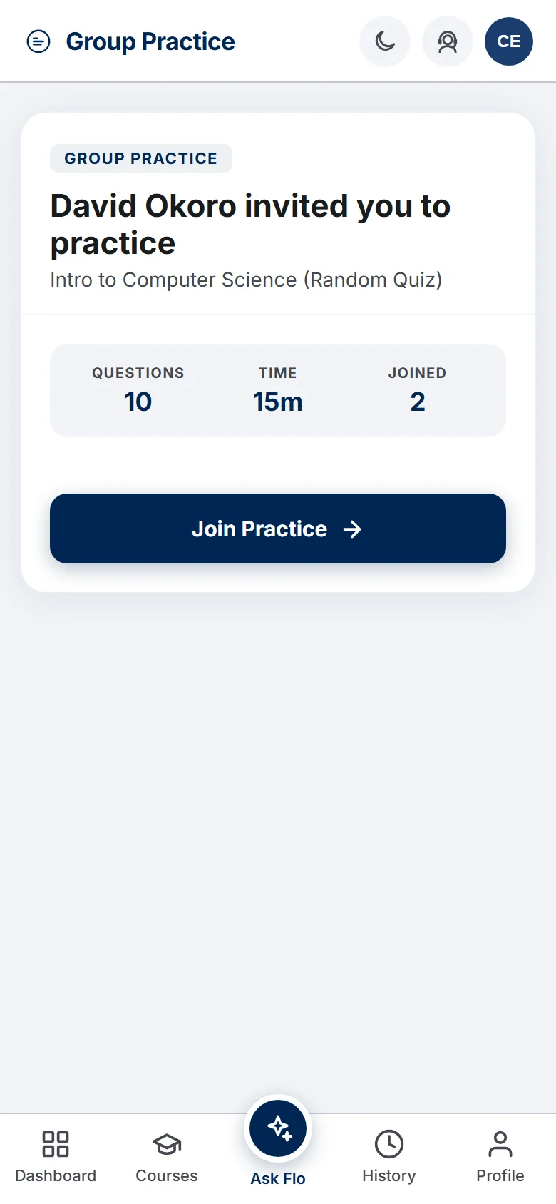 Group practice invite page showing the host, the quiz details and a Join Practice button (mobile)