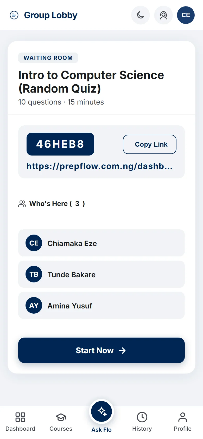 Group practice waiting room showing the join code, the invite link and the students who have joined (mobile)
