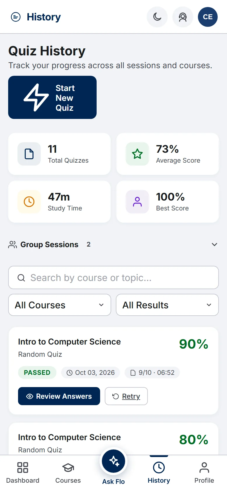 PrepFlow quiz history listing past quiz attempts with scores, dates and Review and Retry buttons (mobile)