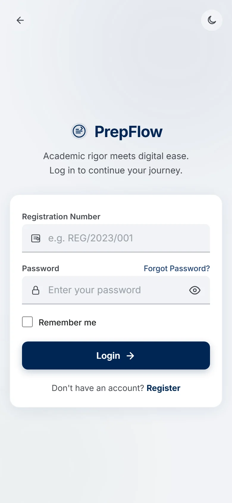 PrepFlow login form asking for registration number and password (mobile)