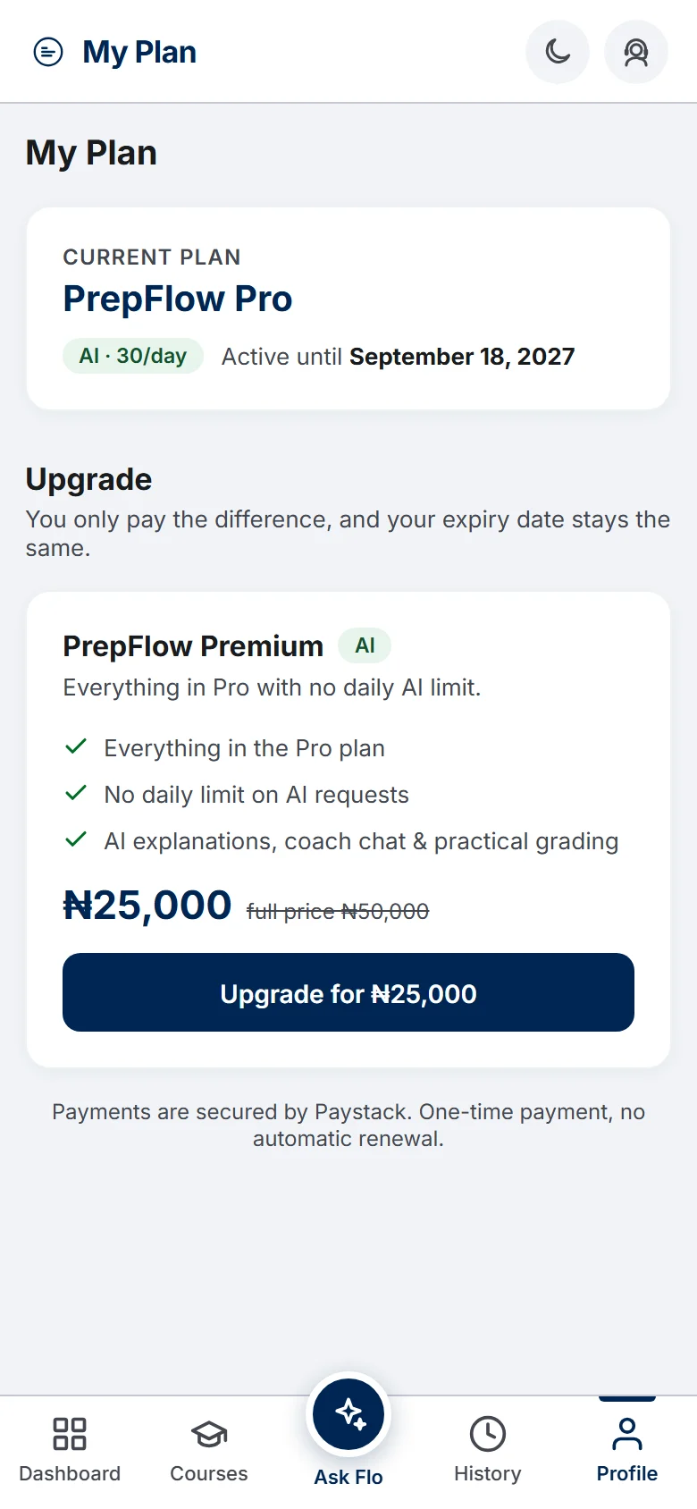 PrepFlow My Plan page showing the current Pro plan and an option to upgrade to Premium for the difference (mobile)
