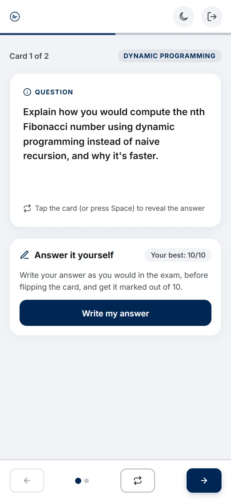 PrepFlow practical question flip card with an Answer it yourself panel showing a best score of 10 out of 10 (mobile)