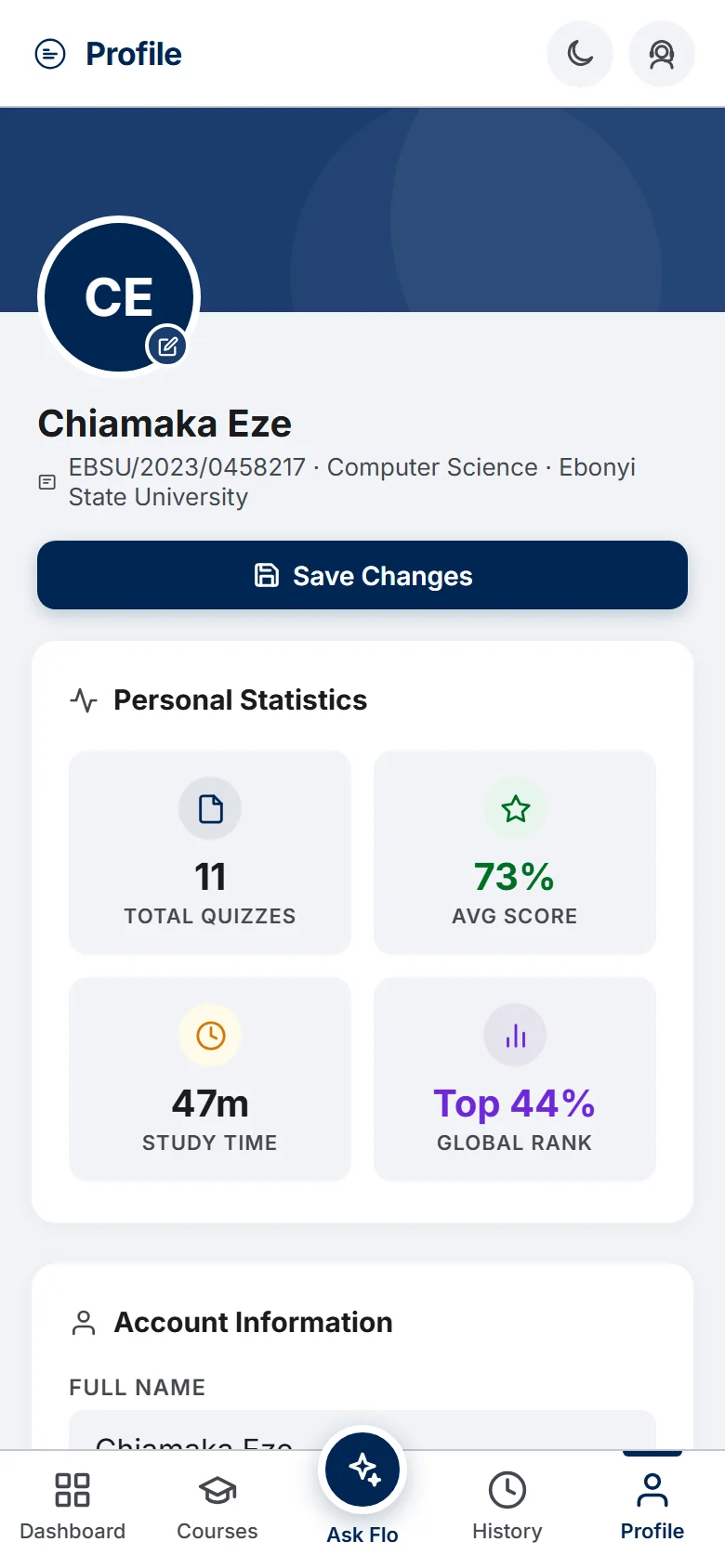 PrepFlow profile page with personal statistics, account information including university and department, achievements and security settings (mobile)