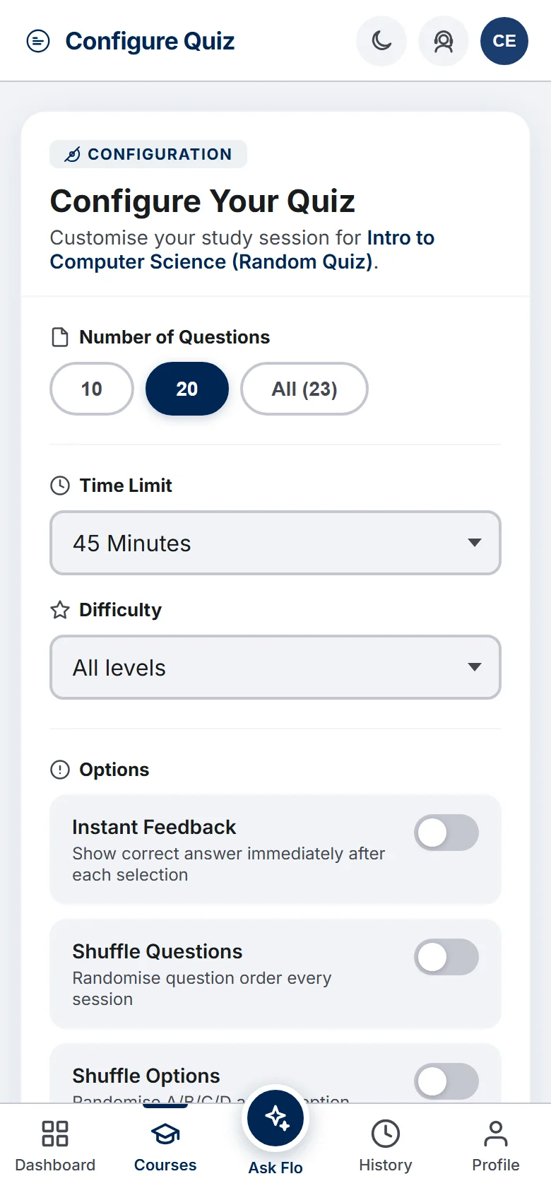 PrepFlow quiz setup screen with options for question count, time limit, difficulty, instant feedback and shuffling (mobile)
