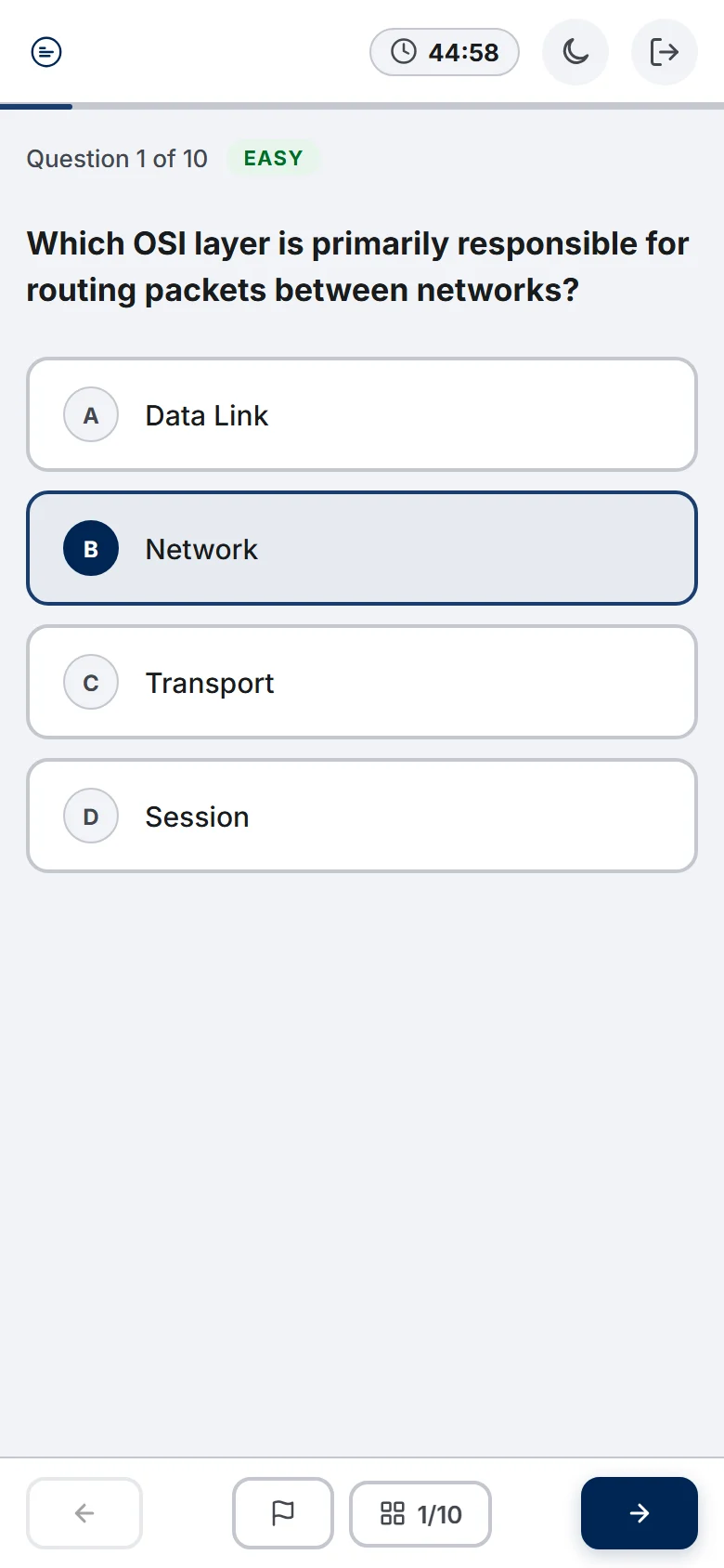 PrepFlow quiz screen showing a multiple-choice question, the timer and question navigation (mobile)