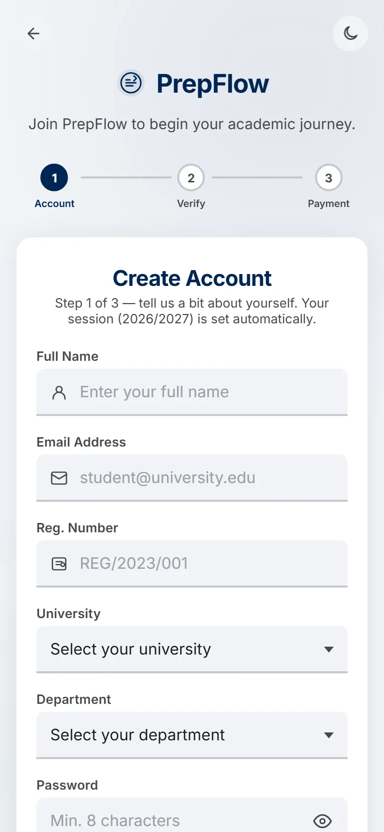 PrepFlow registration form with fields for full name, email, registration number, university, department and password (mobile)