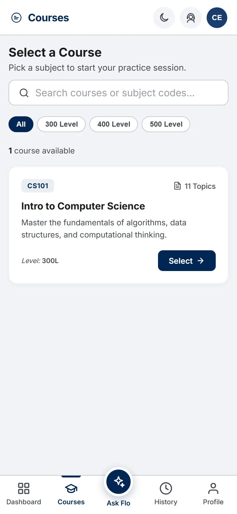 PrepFlow course selection page listing the courses available to the student (mobile)